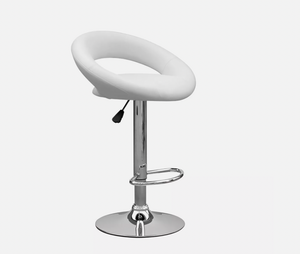 White saddle-style bar stool with cushioned seat, chrome swivel base, and footrest.