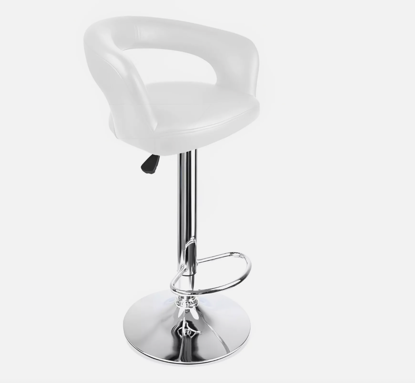 White bar stool with cushioned seat, cut-out backrest, and adjustable chrome pedestal