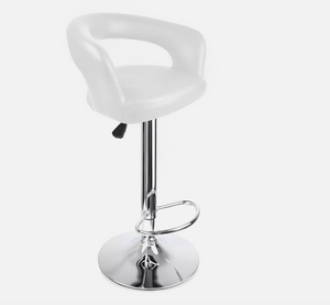 White bar stool with cushioned seat, cut-out backrest, and adjustable chrome pedestal