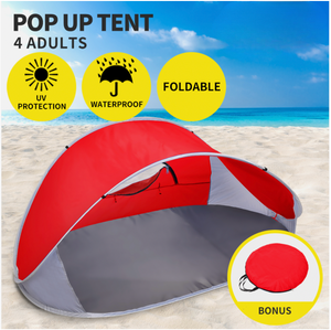 Red pop-up beach tent with UV protection, instant setup and lightweight frame.