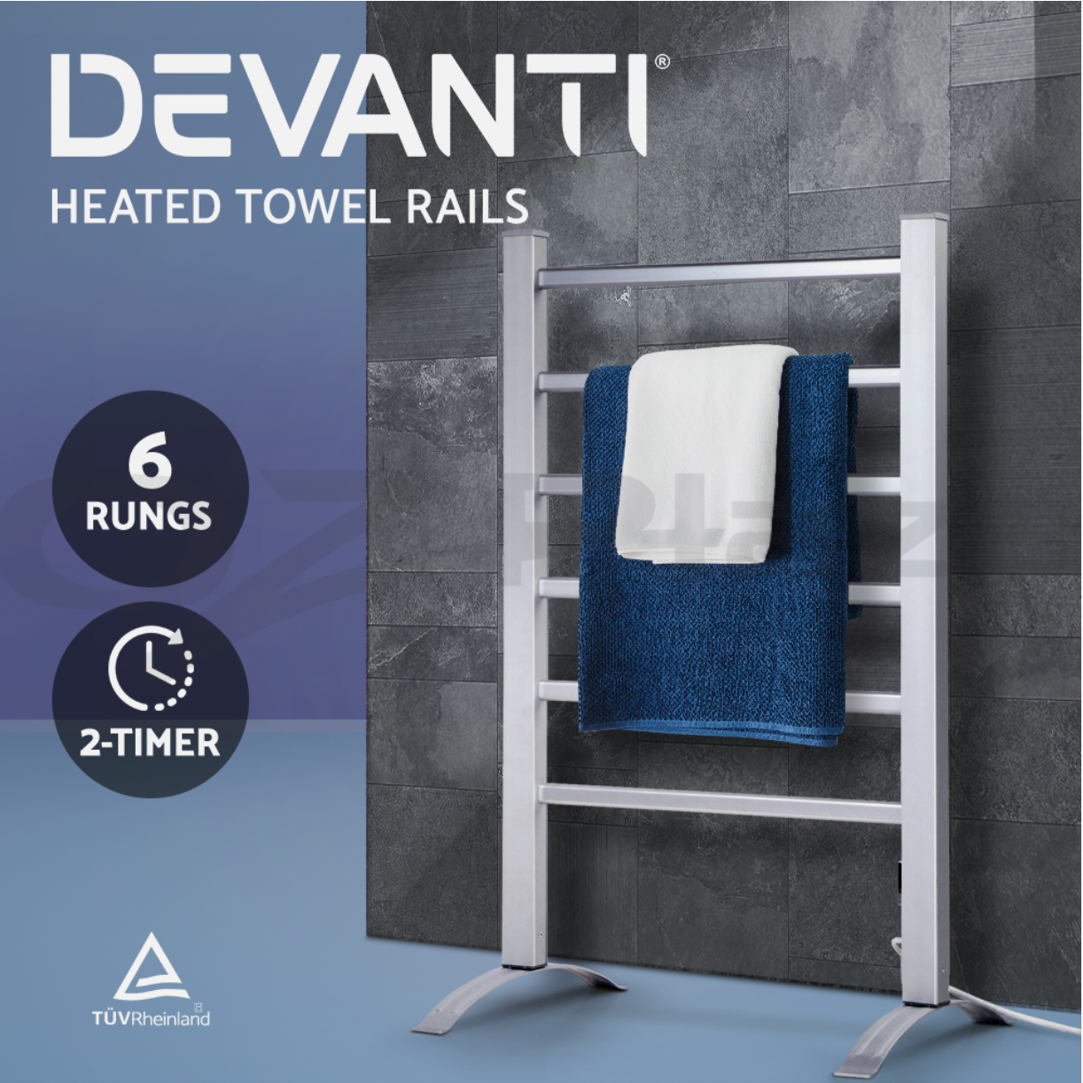 Devanti heated towel rail with modern design and blue towels