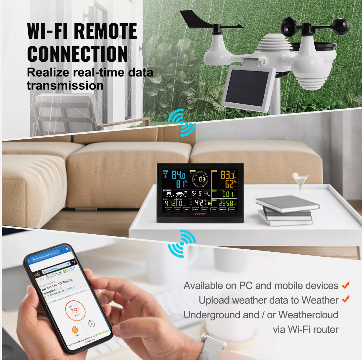 User checking live updates from weather station app indoors