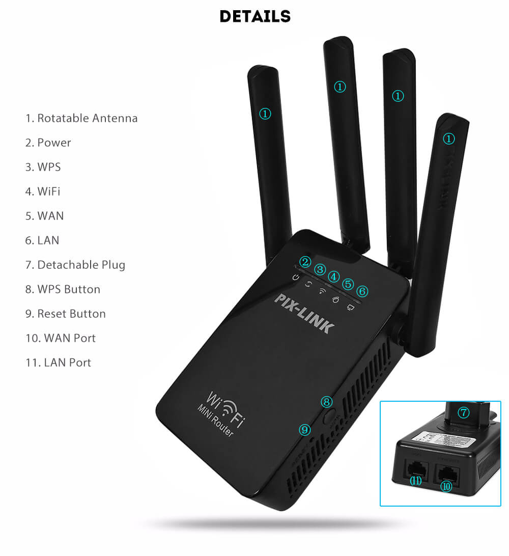 Portable WiFi extender with plug-in adapter and four long-range antennas.