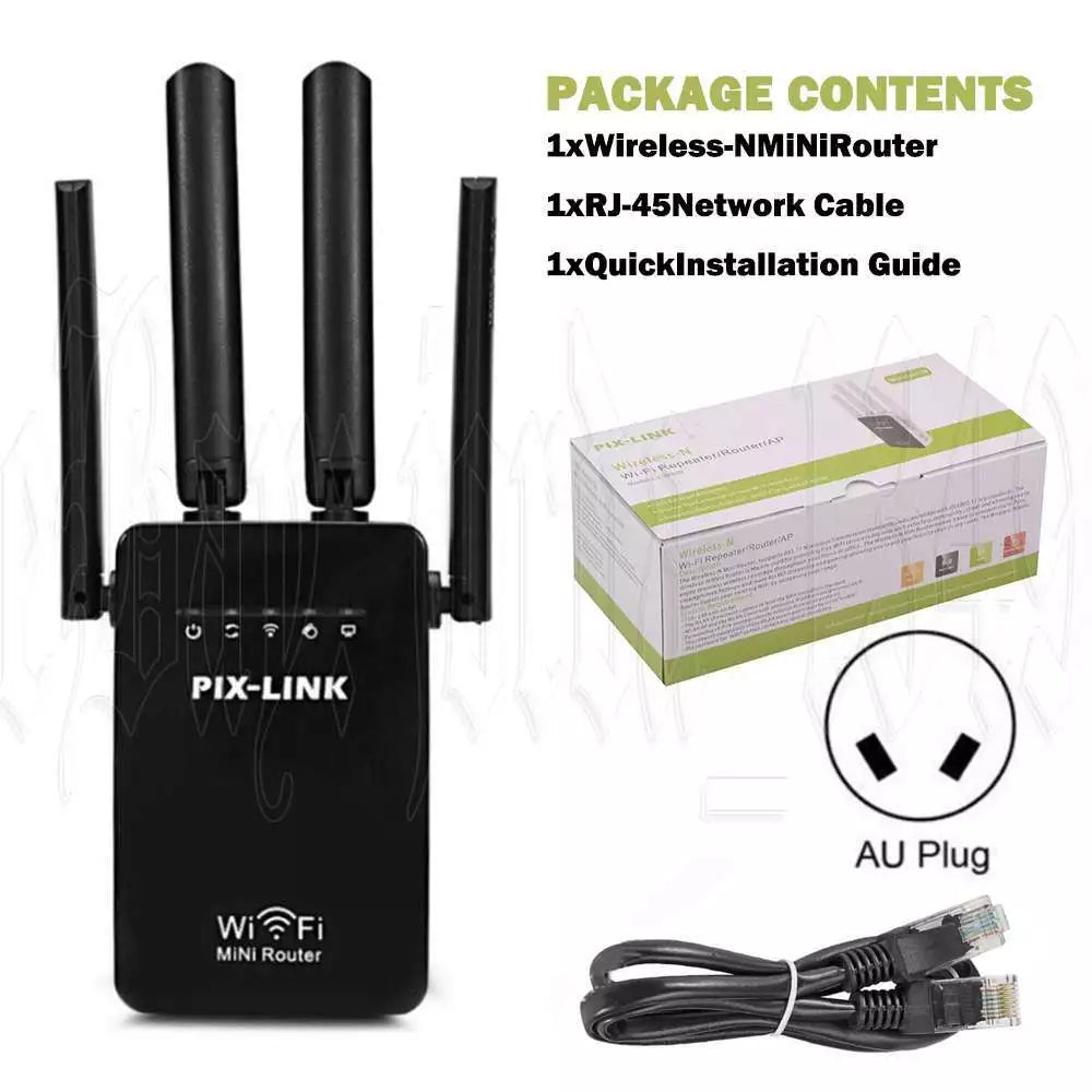 WiFi extender with plug-in wall socket adapter and four antennas for strong signal.