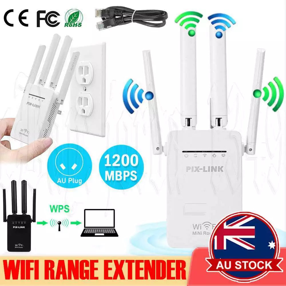 Wireless WiFi extender kit with LAN cable and easy installation guide.