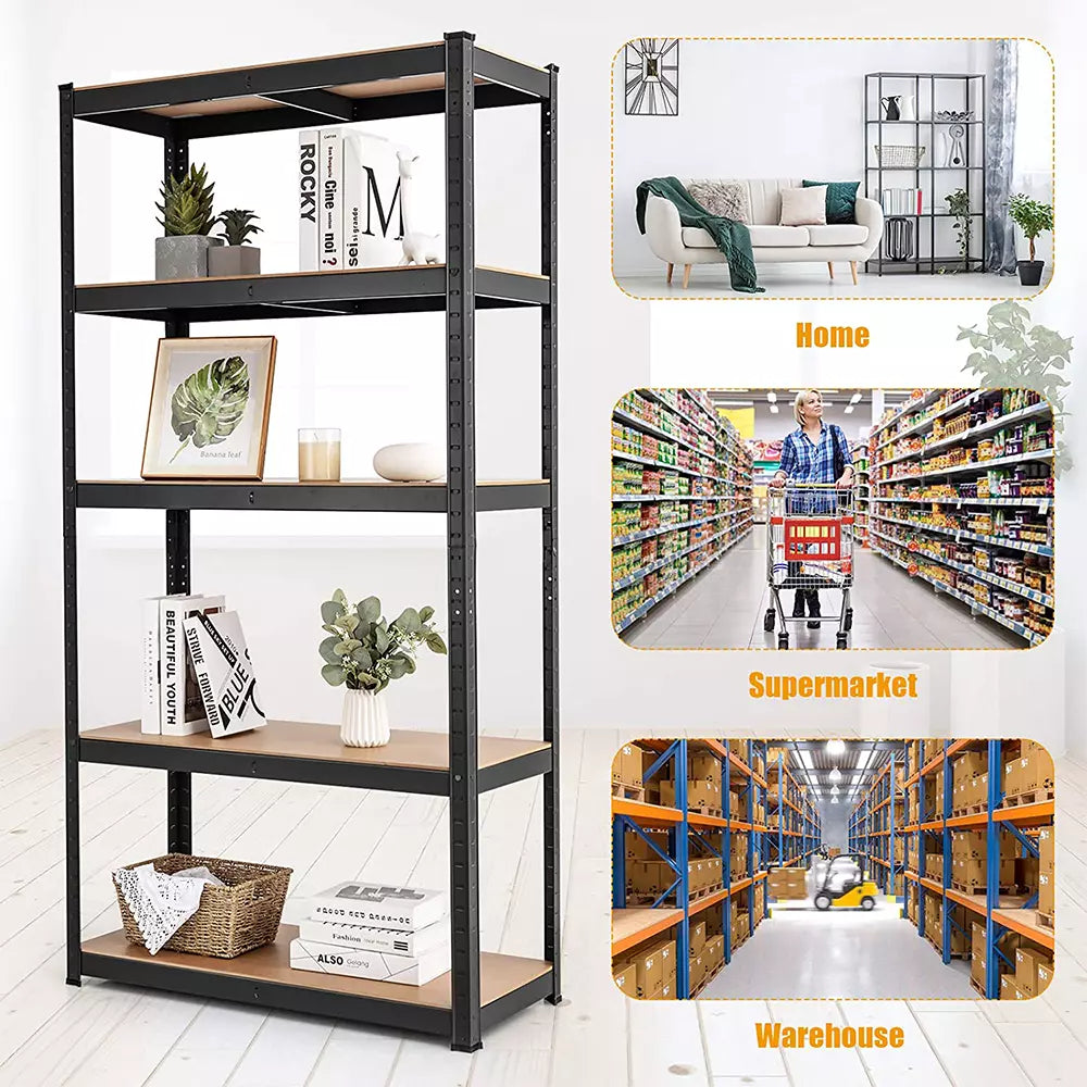 Heavy-duty shelving unit storing containers, food supplies, and household items