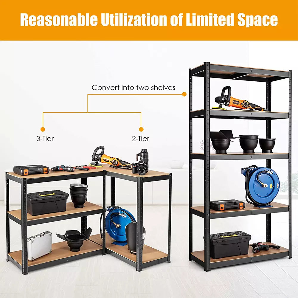 Adjustable garage shelving unit with multiple tiers for tools and storage boxes