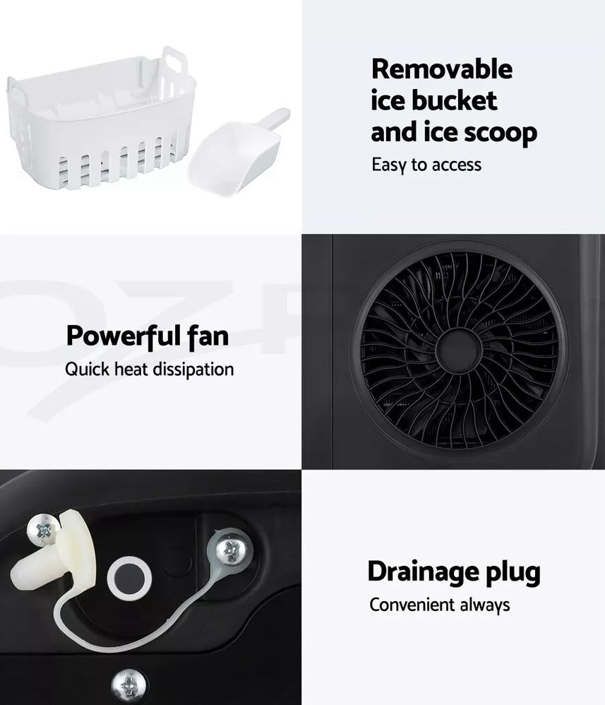 Compact ice maker with refillable water reservoir and transparent window.