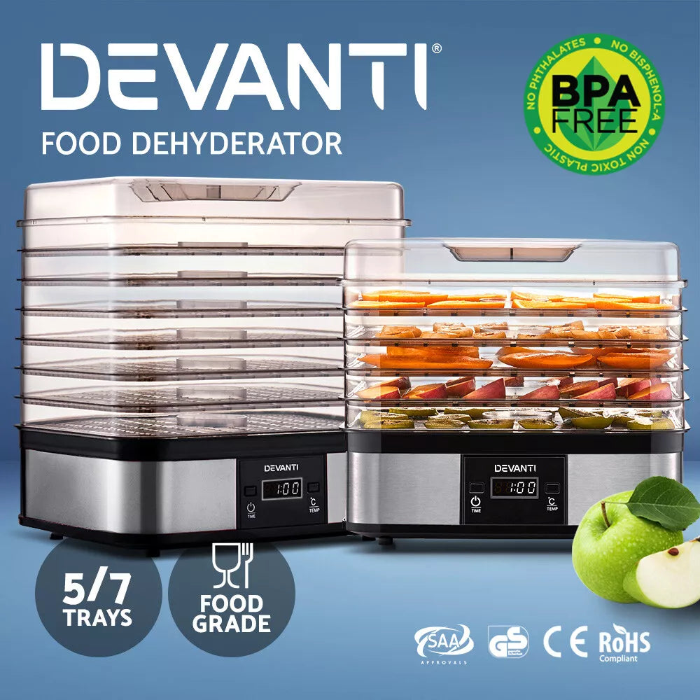 Devanti food dehydrator with multiple trays for drying fruits, meat, and herbs.