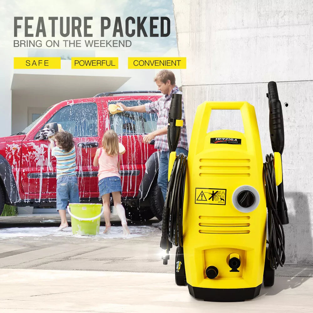 High-power pressure washer with soap dispenser and water jet nozzles