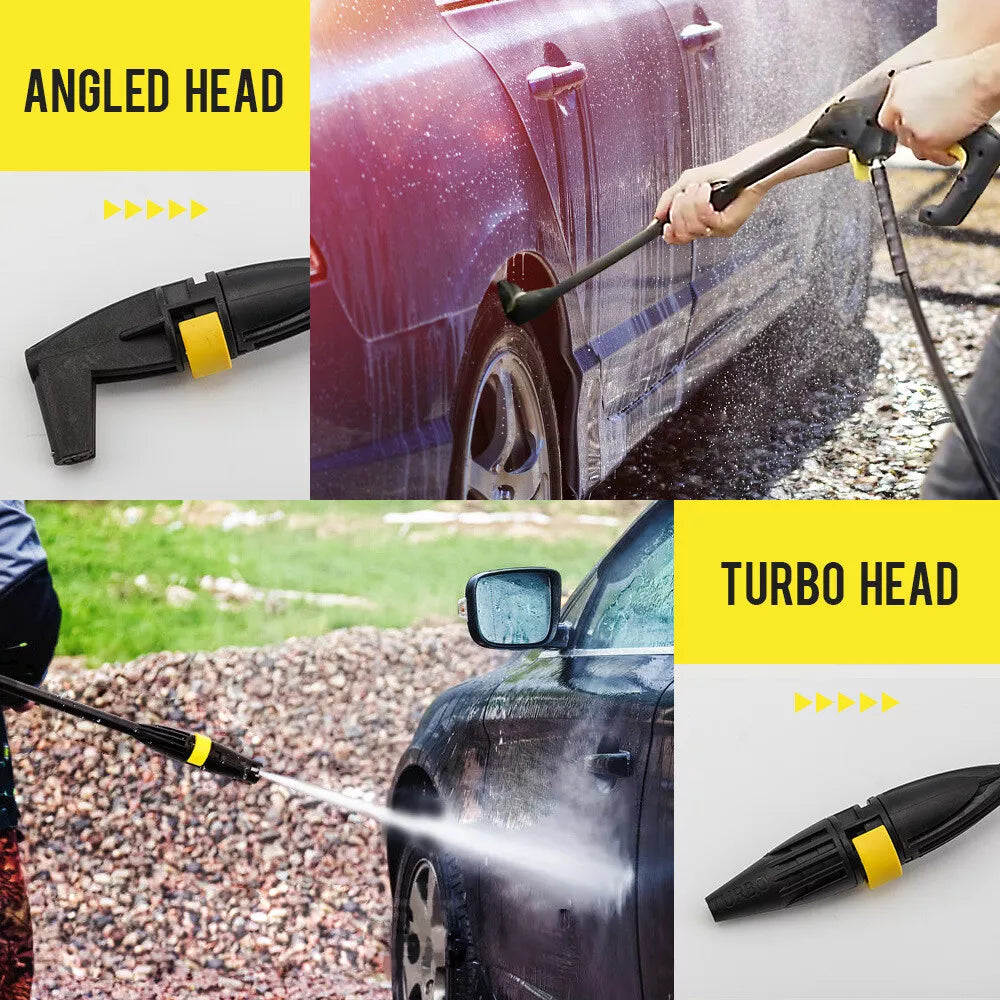 Pressure washer cleaning wooden deck and outdoor furniture with high water power.