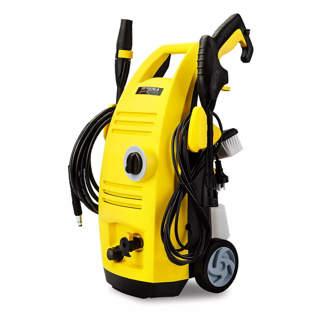 Yellow portable pressure washer with wheels, hose, and spray gun attachment.