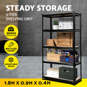 Industrial-grade garage shelving with reinforced beams and heavy load capacity.
