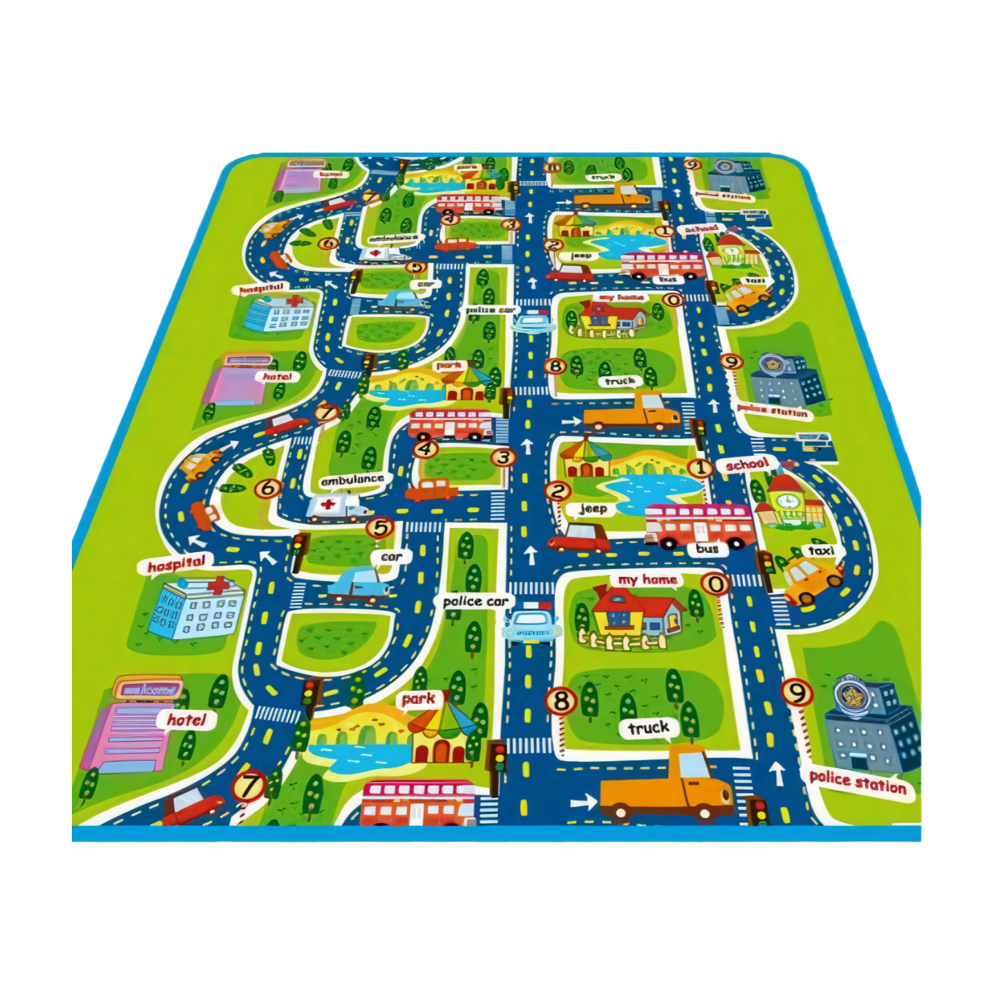 Children’s play mat with bright town and street patterns for imaginative play.