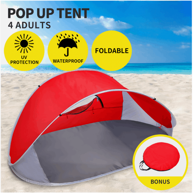 Red pop-up beach tent with UV protection, instant setup and lightweight frame.