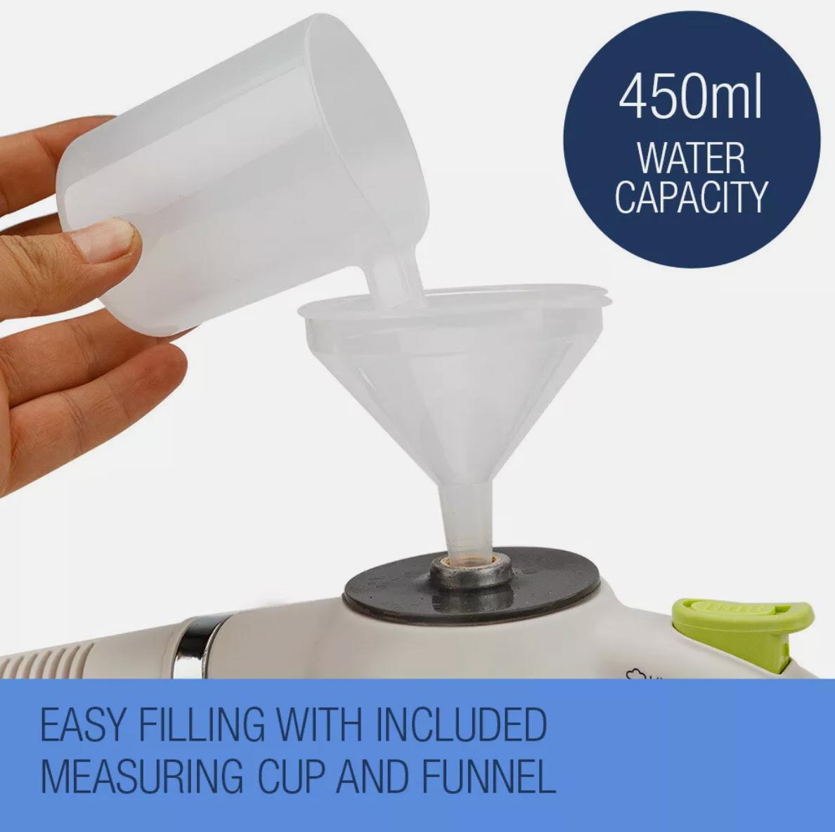 Handheld steam cleaner removing dirt and grime from fabric surface.