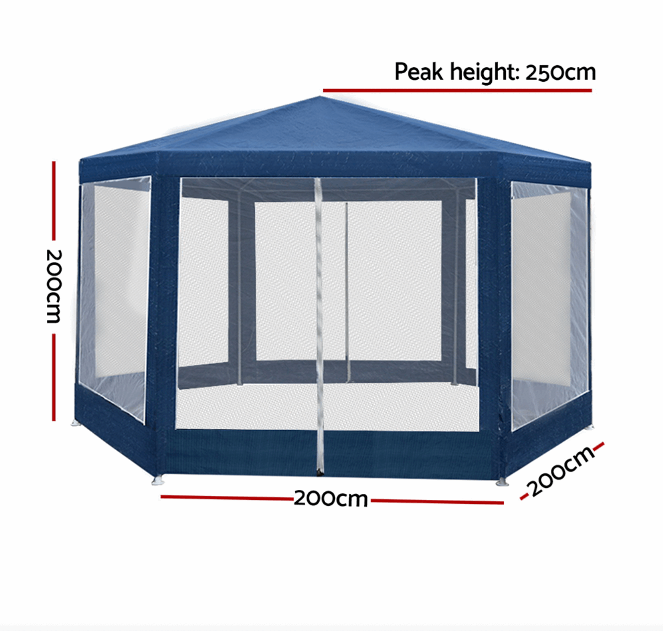 Hexagonal blue gazebo tent with mesh panels and steel frame structure.