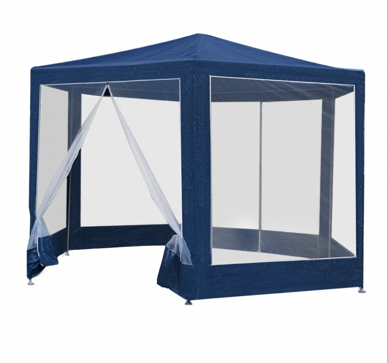Blue outdoor gazebo with mesh walls and durable steel frame