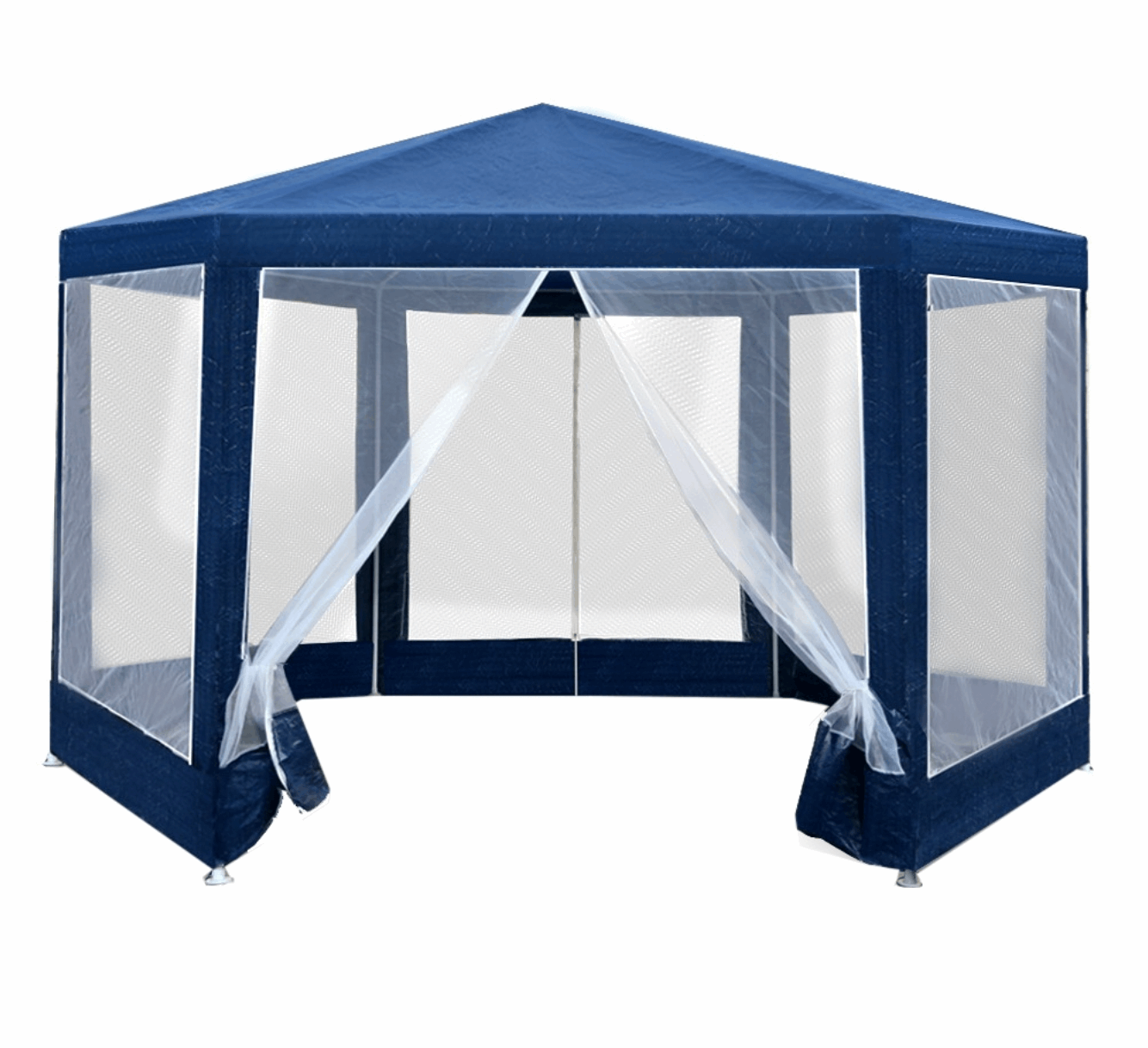 Blue hexagonal gazebo tent with mesh sides and strong steel support frame.