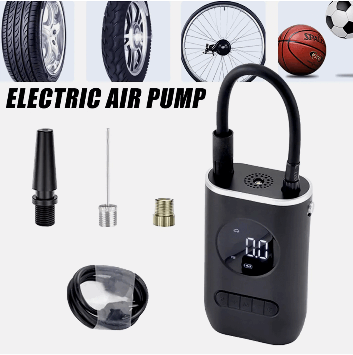 Portable cordless air pump with nozzles, charger, and digital screen.