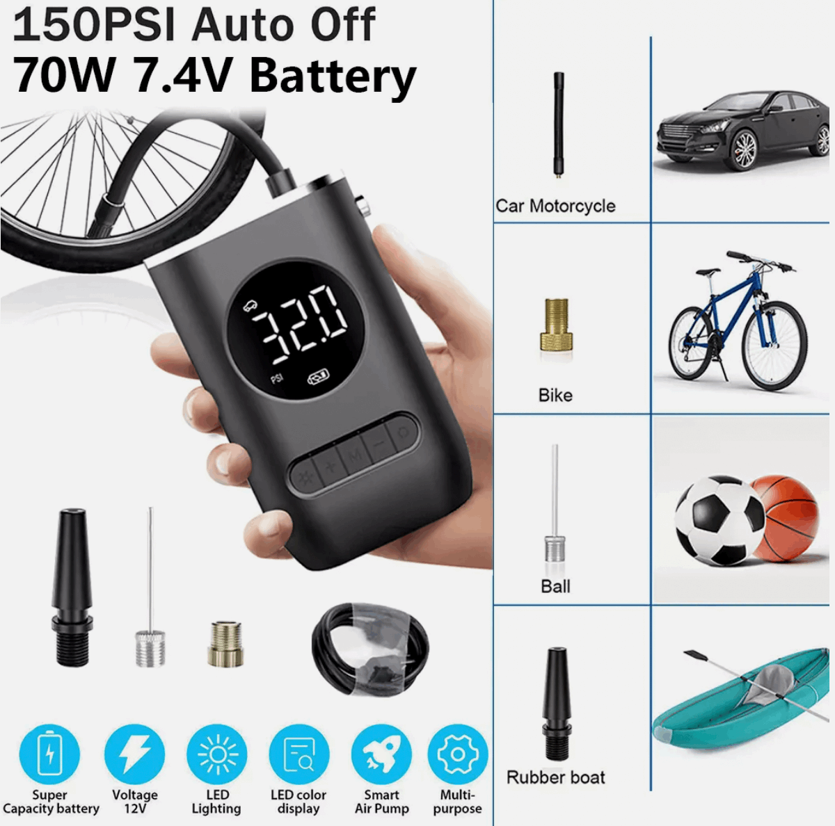 Rechargeable cordless air pump with auto shut-off and multi-use nozzles