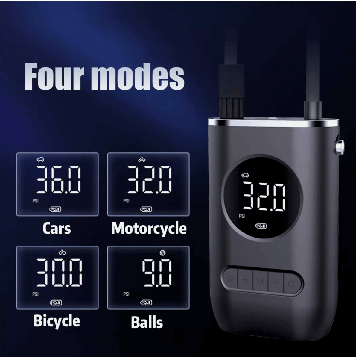 Cordless air pump with preset inflation modes for cars, bikes, and sports gear.