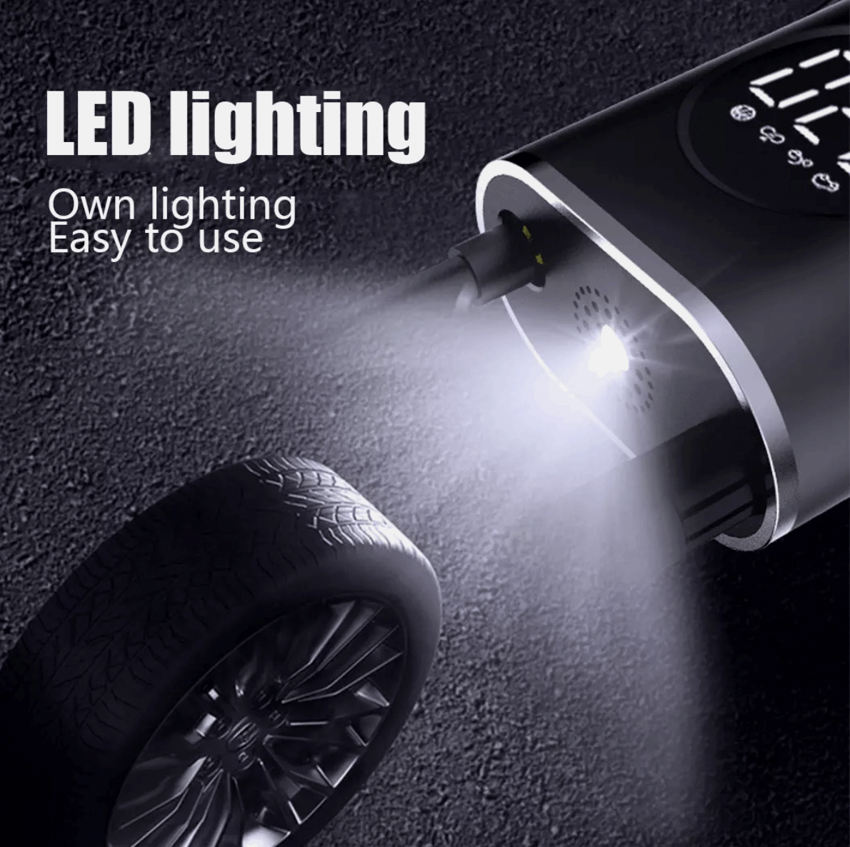 Portable cordless air pump with LED flashlight for night use