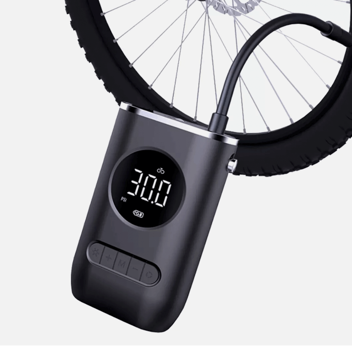 Compact cordless air pump with neck strap and digital LCD screen.