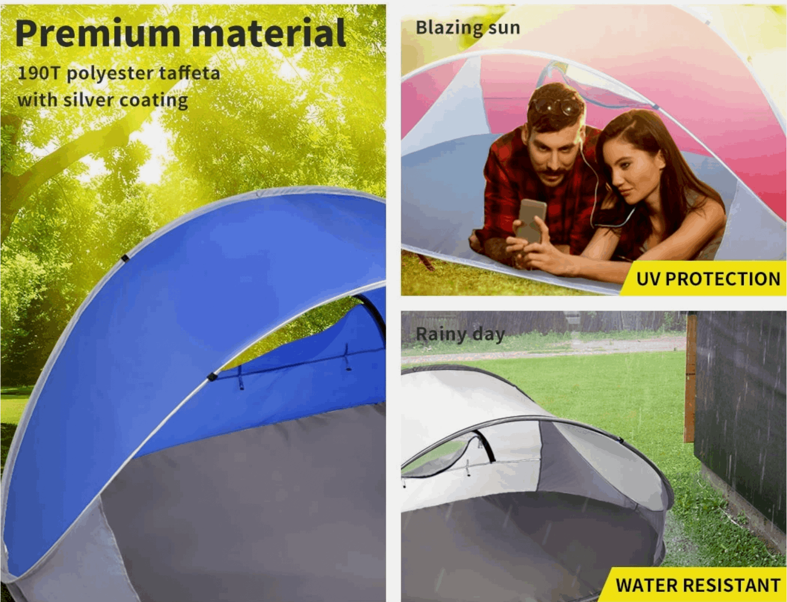 Comparison of blue and red pop-up beach tents with UV protection for sun safety