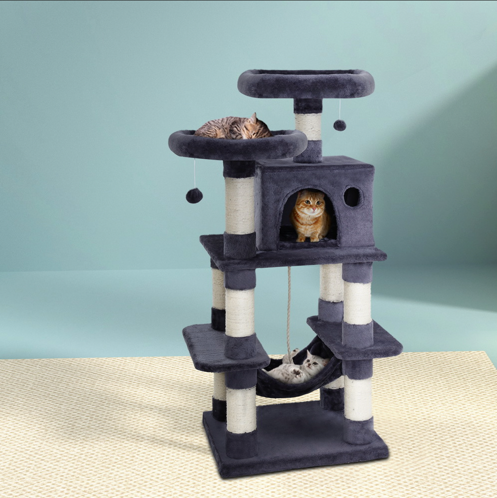 Multi-level cat tree with scratching posts and platforms