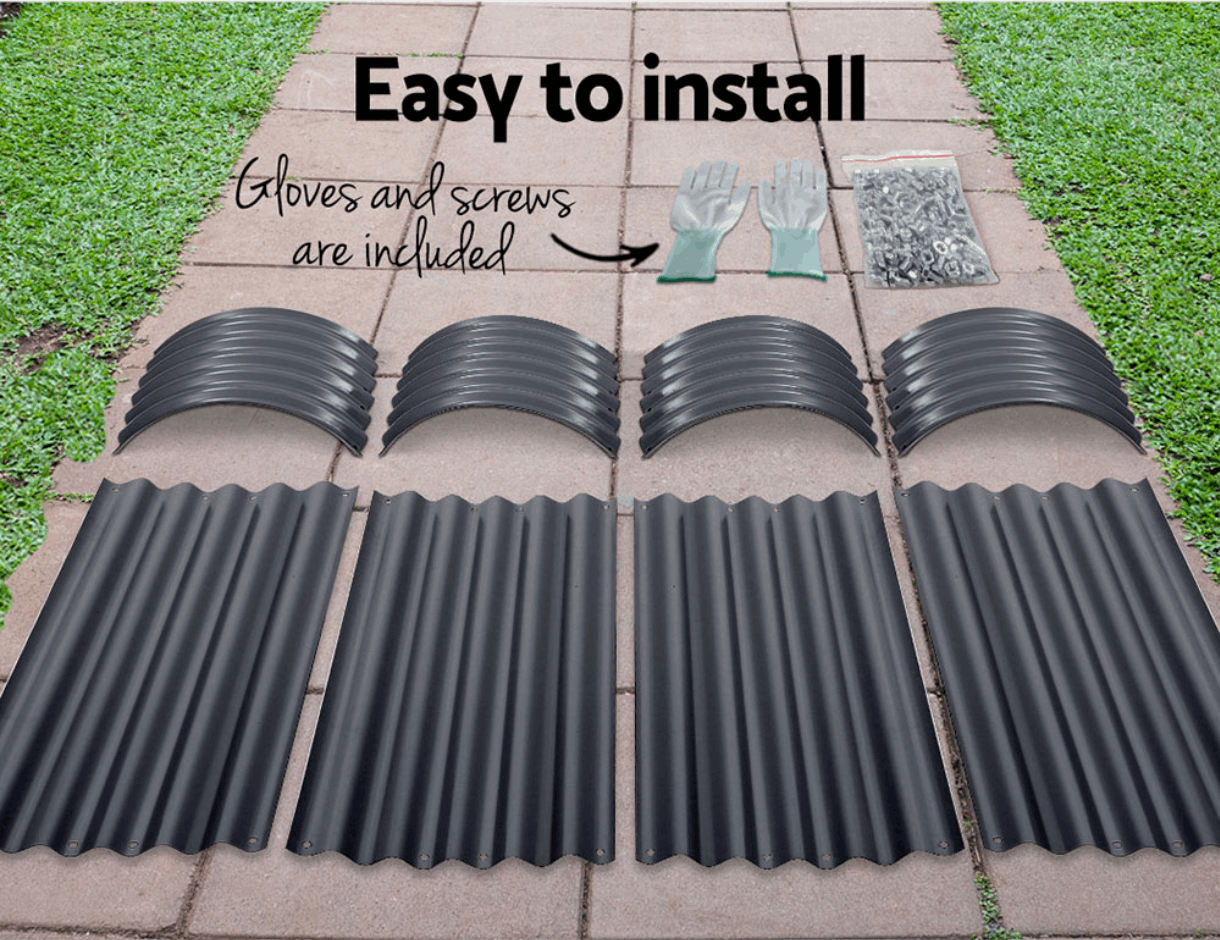 Raised garden bed with corrugated steel panels on grass