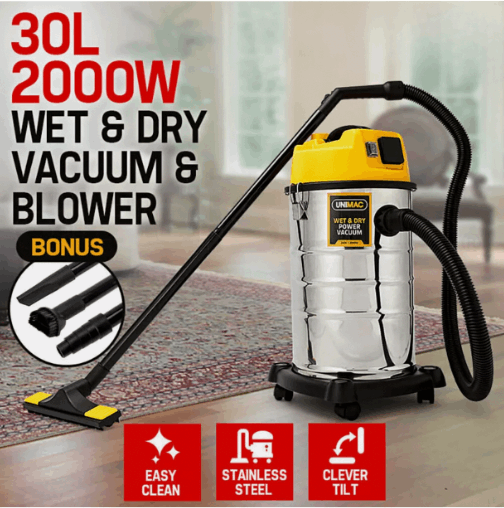 Heavy-duty vacuum cleaner with stainless steel tank and accessories