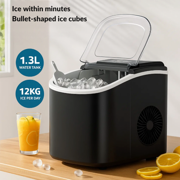 Portable ice maker machine with transparent lid and quick ice production