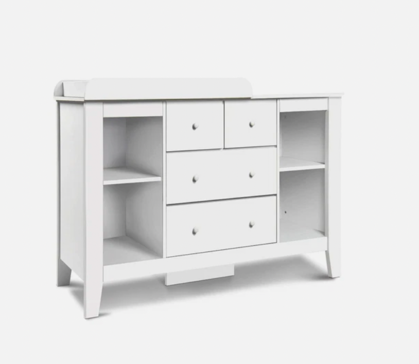 Compact baby change table with drawers and open storage