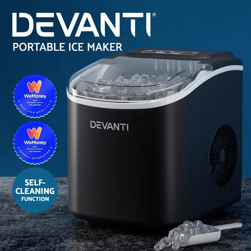 Black Devanti ice maker machine with LED control panel for home use.